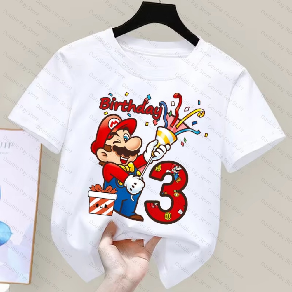 Summer Clothing Cartoon - Kids Cartoon Mario Birthday Number T-Shirt