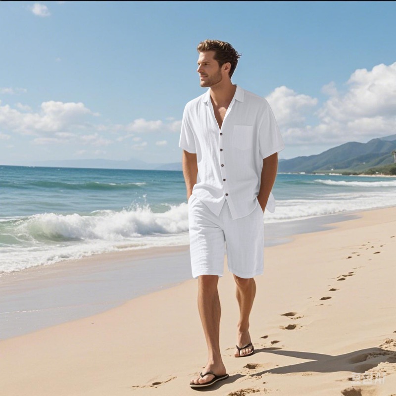 Men Linen Blend Camp Collar Sh - огляд і ціна Linen Shorts Men
