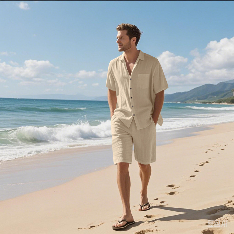 Men Linen Blend Camp Collar Sh - огляд і ціна Linen Shorts Men