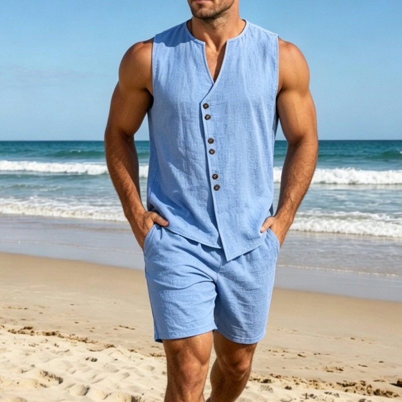 Men Simple Solid Linen Sleevel - огляд і ціна Linen Shorts Men
